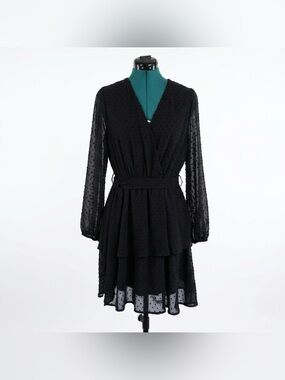 Grace Karin Black Sheer Swiss Dot Wrap Tiered Dress